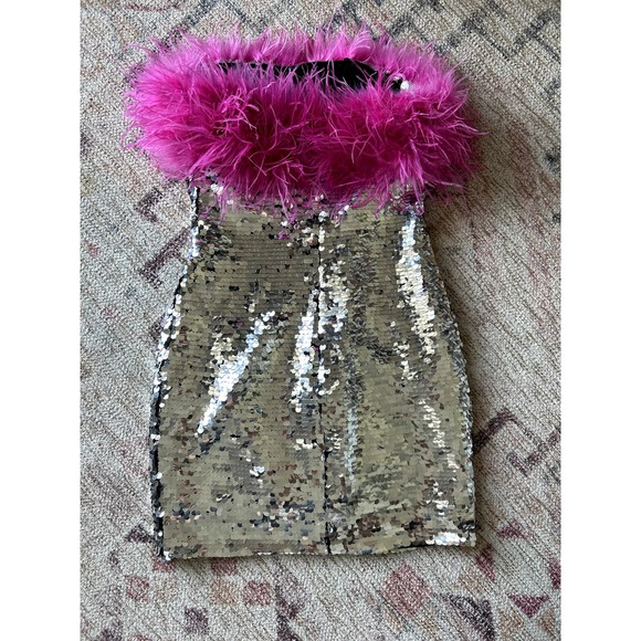 Silver Sequin Dress with Pink Feather Trim - Picture 3 of 6